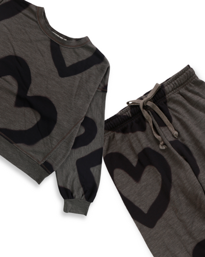 2pc Charcoal w Heart Dolman Top w Pant, Expressions Boutique, Women and childrens boutique, Woodbury, girls matching set, boutique kids loungewear, heart print jogger set, charcoal girls outfit, trendy boutique girls clothing, two piece kids lounge set, casual girls co-ord set, boutique girls jogger set, comfy girls outfit