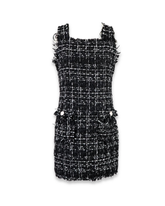Black Tweed Sleeveless Dress, Expressions Boutique, Women and childrens boutique, Woodbury, girls tweed dress, boutique girls special occasion dress, girls black tweed outfit, girls sleeveless tweed dress, girls holiday dress, chic girls tweed dress, boutique girls formal dress, tweed dress with buttons