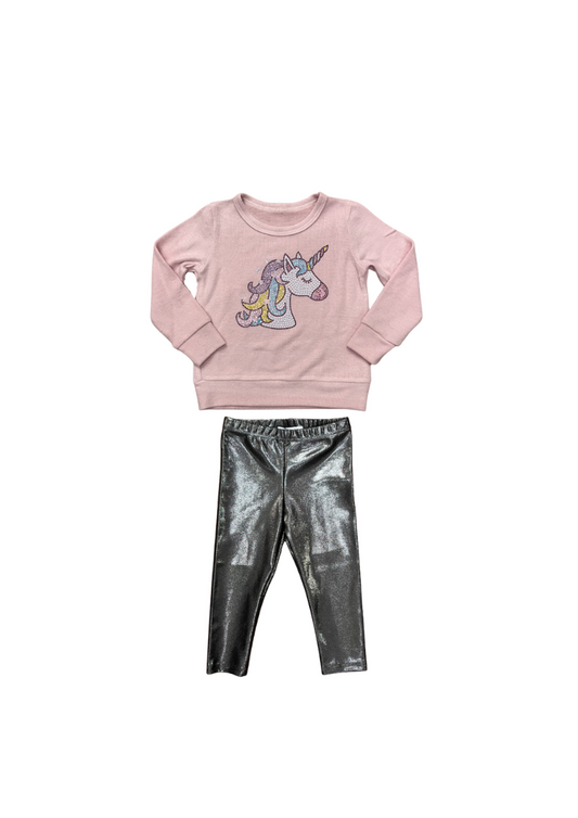 2pc Pink Unicorn Top & Metallic Leggings