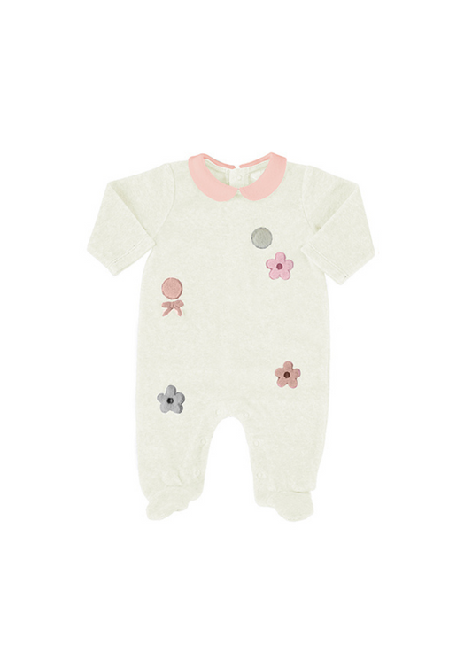 White Footie w Pink Collar & Flowers