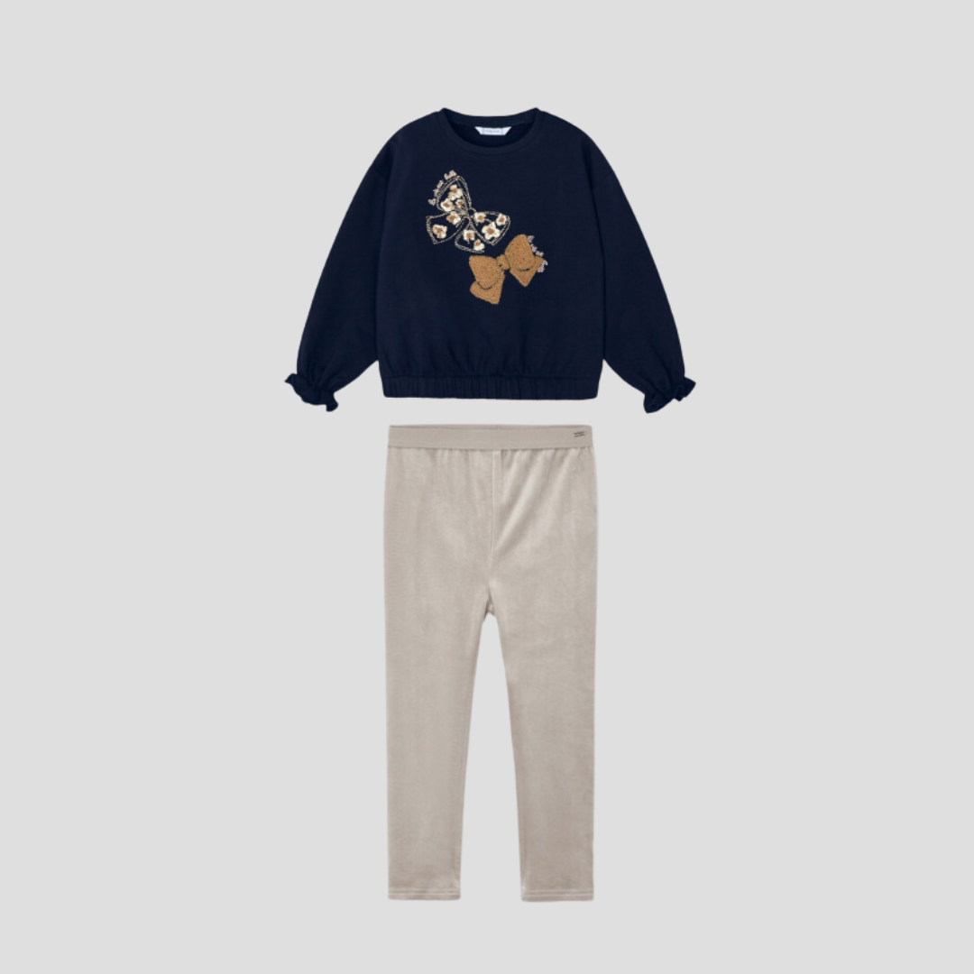 2pc Navy Sweatshirt w Bow Design & Velour Pant