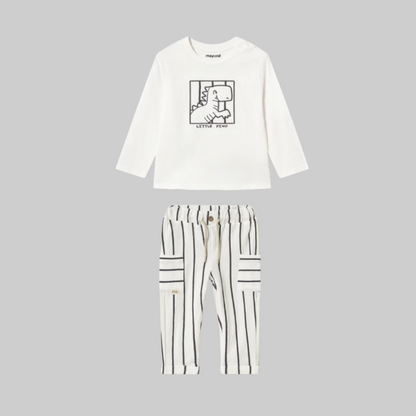 2pc LS White Dino Tee w Off White Stripe Pant w Cuff