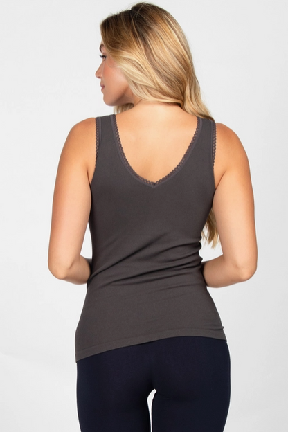 Ribbed Reversible V-Scoop Tank w Lace Trim