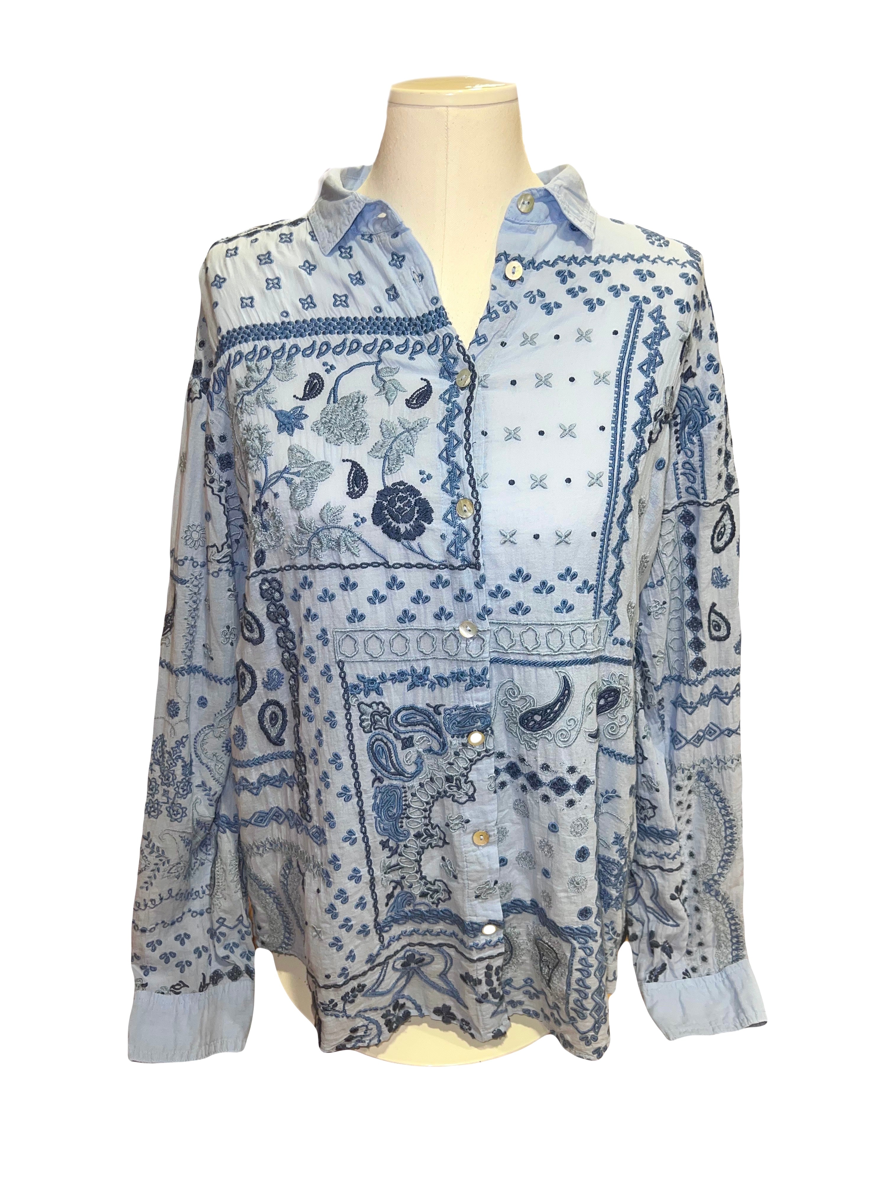 Blue Paisley Embroidered Shirt