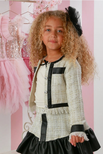 girls tweed skirt set, off white tweed jacket and skirt, 3pc boutique outfit for girls, Coco Chanel inspired girls set, holiday outfit for girls, toddler tweed jacket skirt set, boutique girls fashion set, Parisian chic outfit for girls, Expressions Boutique NY kids fashion