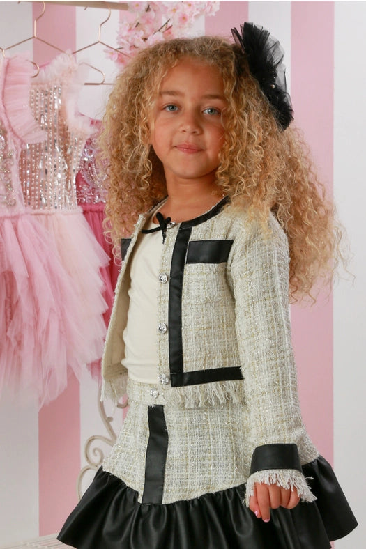 girls tweed skirt set, off white tweed jacket and skirt, 3pc boutique outfit for girls, Coco Chanel inspired girls set, holiday outfit for girls, toddler tweed jacket skirt set, boutique girls fashion set, Parisian chic outfit for girls, Expressions Boutique NY kids fashion