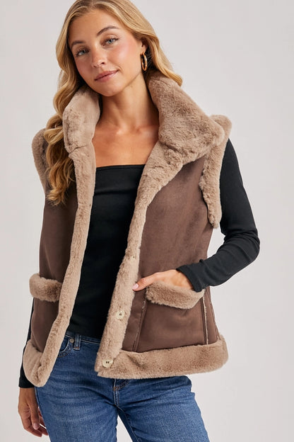 faux suede shearling vest, women’s winter layering vest, boutique cozy faux fur vest, shearling trim suede vest women, chic brown faux suede vest, rustic fall layering vest, boutique winter outfit topper, faux shearling lined vest, casual chic fall vest, boutique women’s outerwear vest