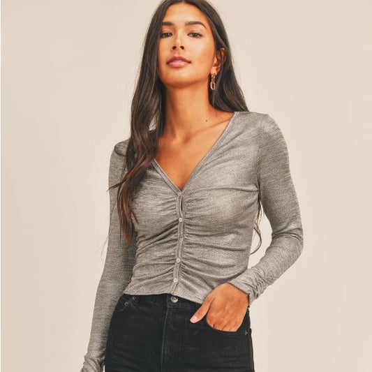 Silver Dayna Ruched Button Down Top