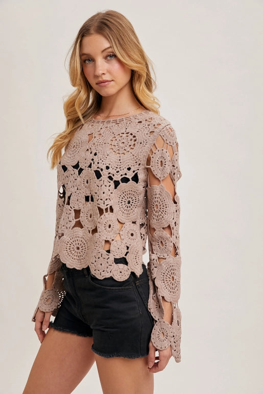 boho crochet bell sleeve top, sheer floral crochet blouse, boutique festival crochet top, mushroom crochet sweater women, open knit bell sleeve top, bohemian chic crochet layering piece, sheer crochet pullover neutral, boutique boho beachwear top, vintage inspired crochet blouse, boutique statement crochet top