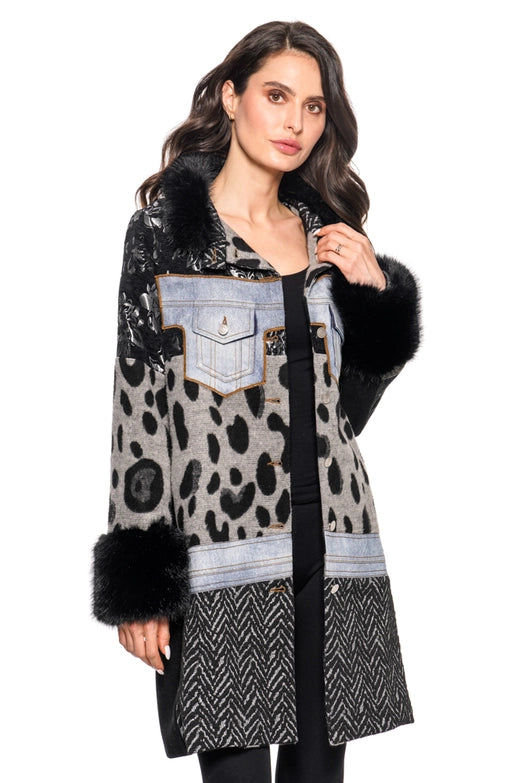boutique women’s patchwork jacket Expressions Boutique NY, mixed media coat with faux fur cuffs, denim detail fashion jacket, animal print statement coat, winter women’s outerwear designer style