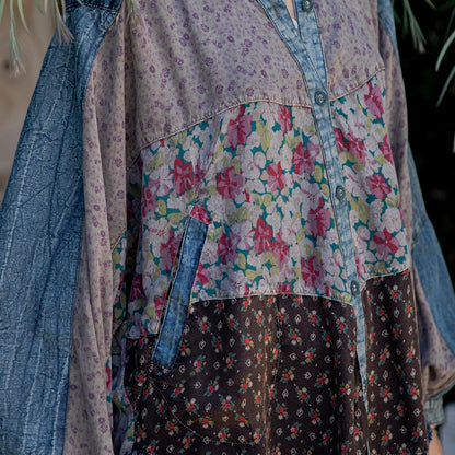 YOUNG THREADS,patchwork denim floral blouse Expressions Boutique NY, boho denim top women, floral mixed print button-down, boutique bohemian shirt, vintage-inspired denim patch blouse