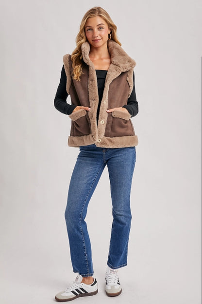 faux suede shearling vest, women’s winter layering vest, boutique cozy faux fur vest, shearling trim suede vest women, chic brown faux suede vest, rustic fall layering vest, boutique winter outfit topper, faux shearling lined vest, casual chic fall vest, boutique women’s outerwear vest