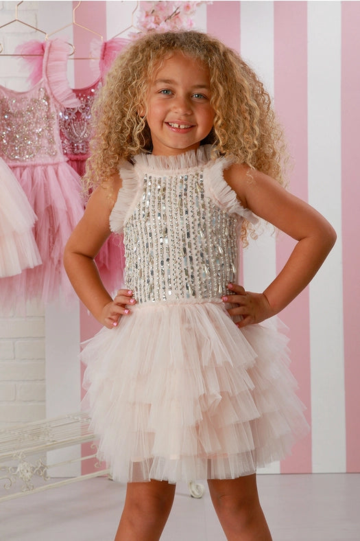blush pearl dress girl, sequin tulle party dress, toddler birthday dress, special occasion dress for girls, blush tulle layered dress, boutique holiday dress, little girl pearl party dress, girls’ boutique fashion dress, princess-inspired blush dress, Expressions Boutique NY kids
