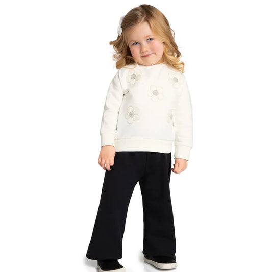 girls floral sweatshirt set, toddler girl black pants outfit, off white sweatshirt embroidered flowers, boutique toddler clothing set, girls wide leg pant set, toddler fall winter outfit girls, children’s boutique casual set, comfy stylish girl outfit, embroidered sweatshirt kids, toddler boutique clothes girls