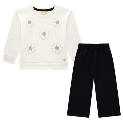 girls floral sweatshirt set, toddler girl black pants outfit, off white sweatshirt embroidered flowers, boutique toddler clothing set, girls wide leg pant set, toddler fall winter outfit girls, children’s boutique casual set, comfy stylish girl outfit, embroidered sweatshirt kids, toddler boutique clothes girls