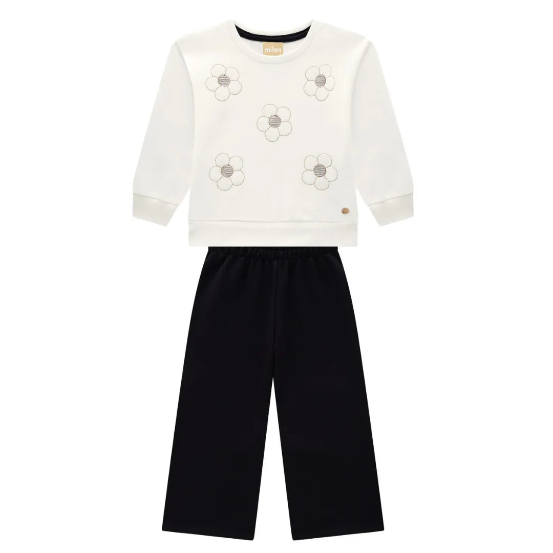girls floral sweatshirt set, toddler girl black pants outfit, off white sweatshirt embroidered flowers, boutique toddler clothing set, girls wide leg pant set, toddler fall winter outfit girls, children’s boutique casual set, comfy stylish girl outfit, embroidered sweatshirt kids, toddler boutique clothes girls