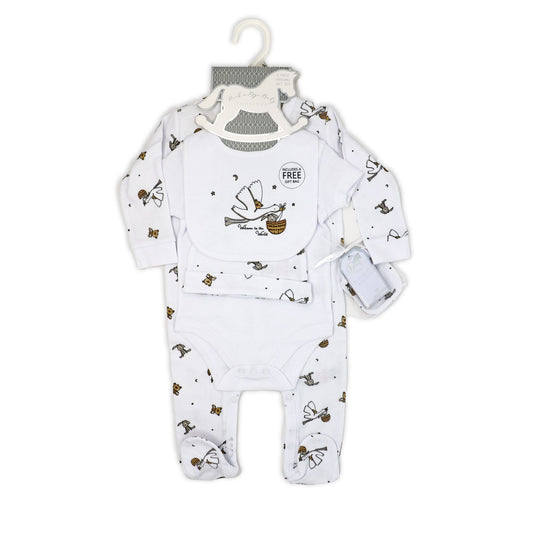neutral baby stork gift set, unisex newborn clothing bundle, boutique baby shower gift, 5 piece baby gift pack, newborn take home set neutral, stork baby clothing gift, gender neutral infant layette, boutique newborn essentials set, unisex baby gift idea neutral, cotton newborn stork outfit bundle
