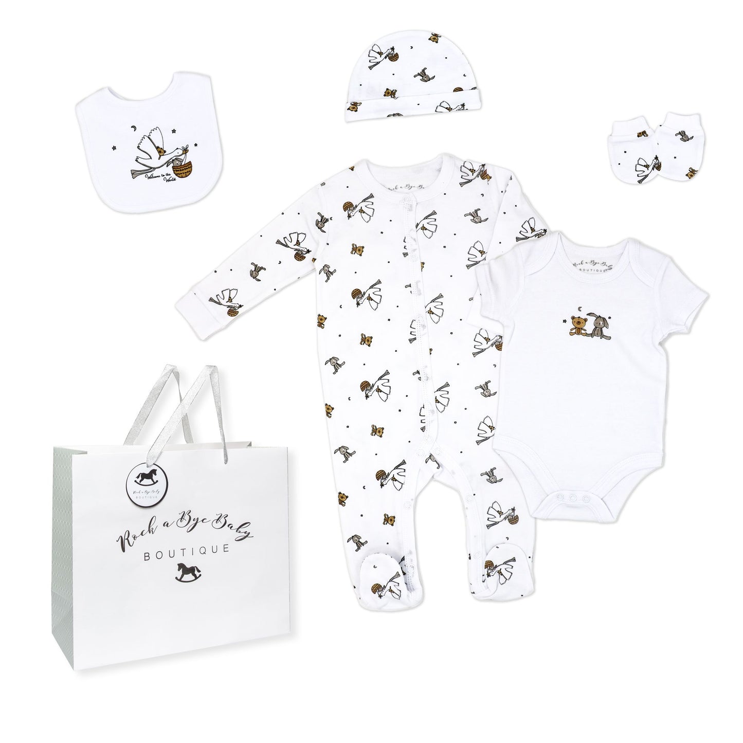 neutral baby stork gift set, unisex newborn clothing bundle, boutique baby shower gift, 5 piece baby gift pack, newborn take home set neutral, stork baby clothing gift, gender neutral infant layette, boutique newborn essentials set, unisex baby gift idea neutral, cotton newborn stork outfit bundle