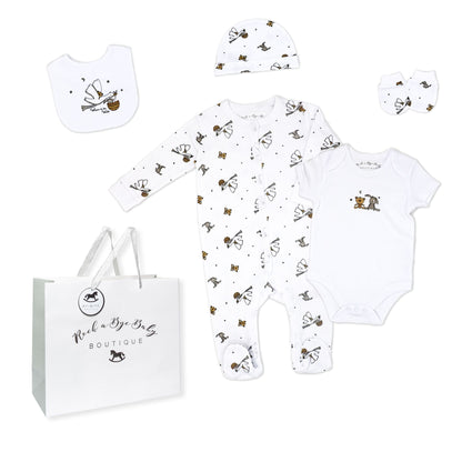 neutral baby stork gift set, unisex newborn clothing bundle, boutique baby shower gift, 5 piece baby gift pack, newborn take home set neutral, stork baby clothing gift, gender neutral infant layette, boutique newborn essentials set, unisex baby gift idea neutral, cotton newborn stork outfit bundle