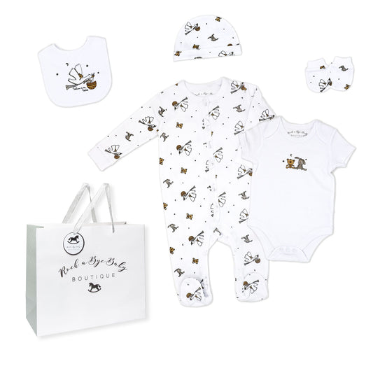 neutral baby stork gift set, unisex newborn clothing bundle, boutique baby shower gift, 5 piece baby gift pack, newborn take home set neutral, stork baby clothing gift, gender neutral infant layette, boutique newborn essentials set, unisex baby gift idea neutral, cotton newborn stork outfit bundle