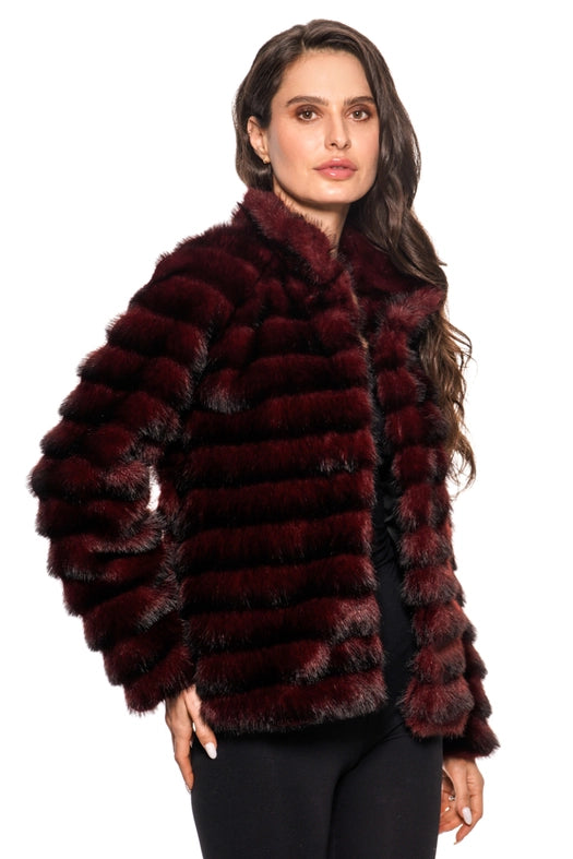 burgundy faux fur jacket, women’s faux fur coat, boutique winter jacket, plush burgundy jacket, luxe faux fur outerwear, holiday party jacket, faux fur layering piece, women’s fashion outerwear, chic burgundy coat, boutique style faux fur, Expressions Boutique NY, Woodbury boutique fashion