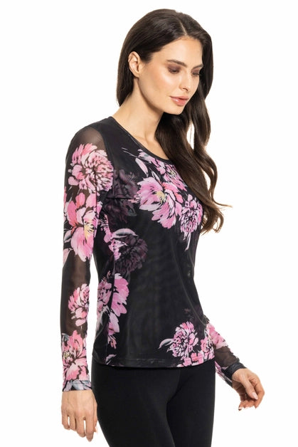 Black Mesh Hot Pink Floral LS Top