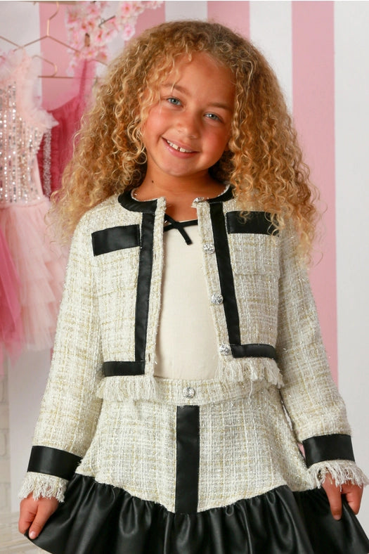 girls tweed skirt set, off white tweed jacket and skirt, 3pc boutique outfit for girls, Coco Chanel inspired girls set, holiday outfit for girls, toddler tweed jacket skirt set, boutique girls fashion set, Parisian chic outfit for girls, Expressions Boutique NY kids fashion