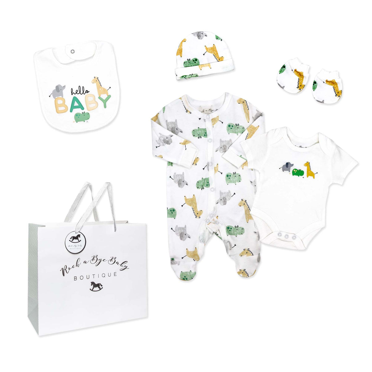 neutral baby shower gift set, unisex newborn gift bundle, 5 piece baby clothing set, newborn take home outfit set, boutique baby shower gift ideas, gender neutral baby gift pack, newborn essentials with hat and bib, unisex baby animal print clothing, boutique infant gift set unisex, cotton newborn neutral gift box