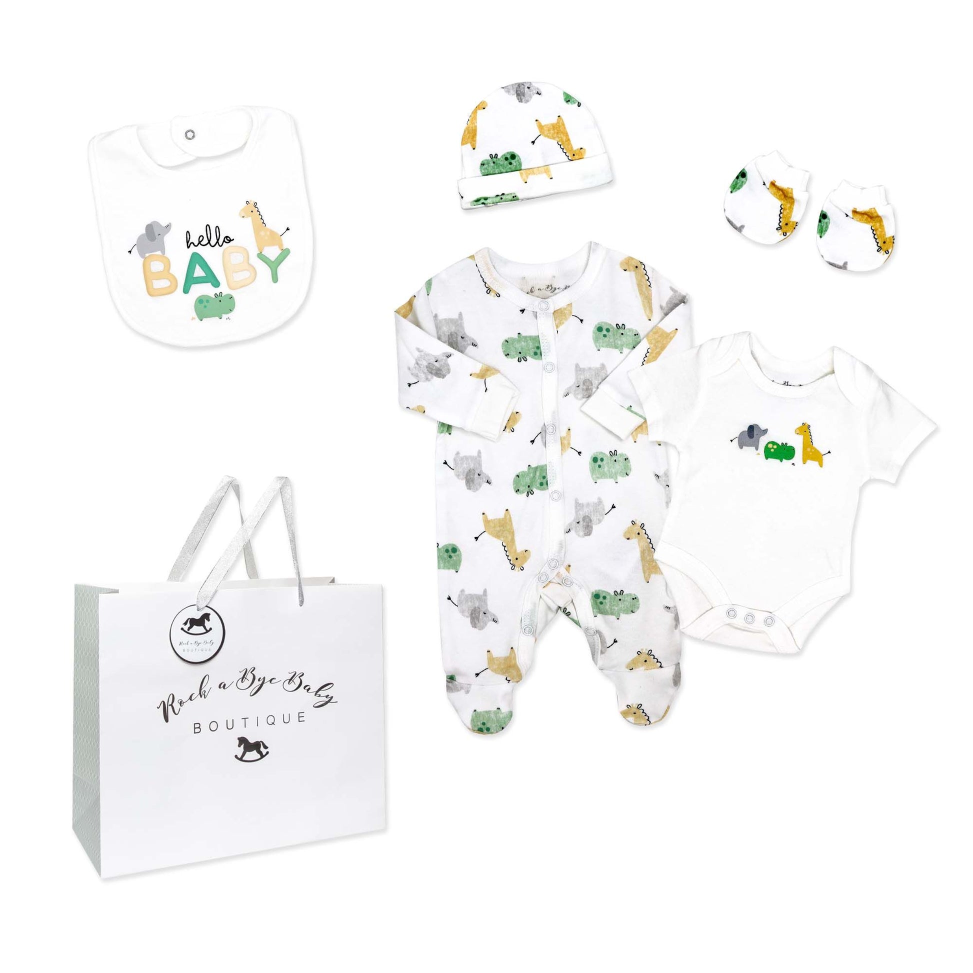 neutral baby shower gift set, unisex newborn gift bundle, 5 piece baby clothing set, newborn take home outfit set, boutique baby shower gift ideas, gender neutral baby gift pack, newborn essentials with hat and bib, unisex baby animal print clothing, boutique infant gift set unisex, cotton newborn neutral gift box