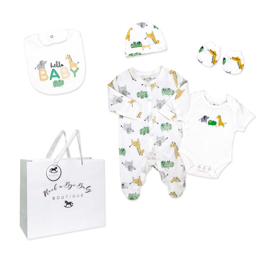 neutral baby shower gift set, unisex newborn gift bundle, 5 piece baby clothing set, newborn take home outfit set, boutique baby shower gift ideas, gender neutral baby gift pack, newborn essentials with hat and bib, unisex baby animal print clothing, boutique infant gift set unisex, cotton newborn neutral gift box