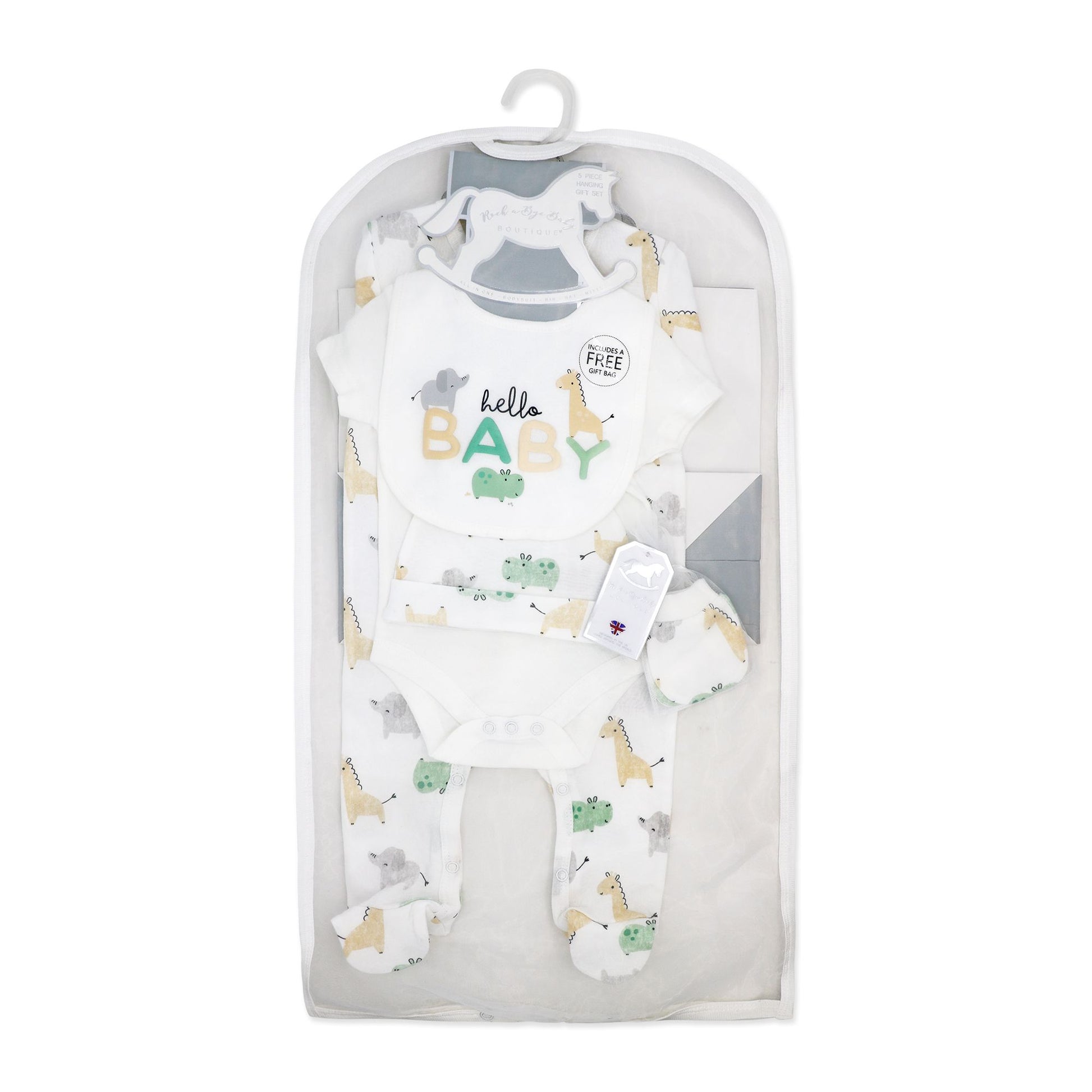 neutral baby shower gift set, unisex newborn gift bundle, 5 piece baby clothing set, newborn take home outfit set, boutique baby shower gift ideas, gender neutral baby gift pack, newborn essentials with hat and bib, unisex baby animal print clothing, boutique infant gift set unisex, cotton newborn neutral gift box