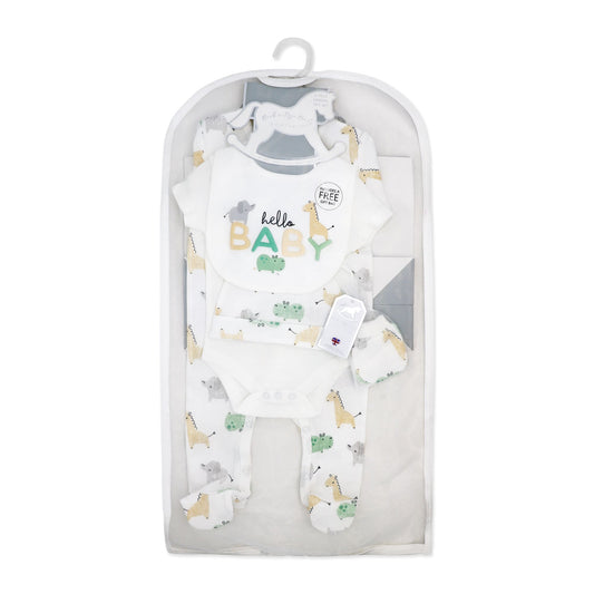 neutral baby shower gift set, unisex newborn gift bundle, 5 piece baby clothing set, newborn take home outfit set, boutique baby shower gift ideas, gender neutral baby gift pack, newborn essentials with hat and bib, unisex baby animal print clothing, boutique infant gift set unisex, cotton newborn neutral gift box