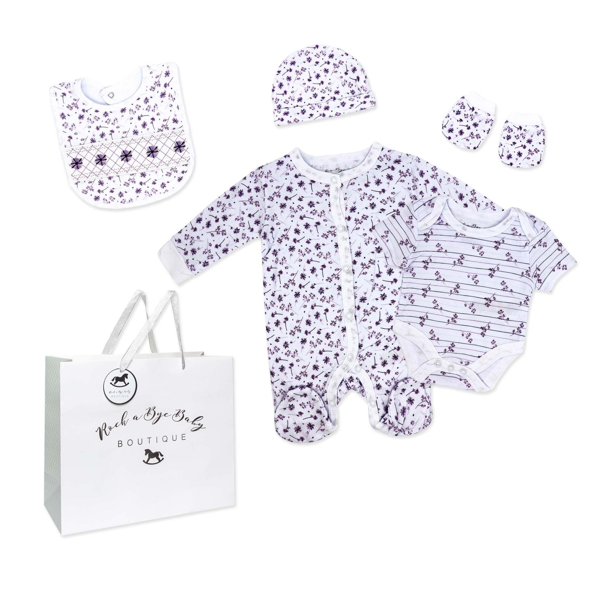 purple floral baby gift set, 5 piece newborn essentials set, boutique baby shower gift girl, floral print baby clothing set, unisex floral baby bundle, infant layette gift set boutique, cotton floral newborn set, purple baby outfit bundle, baby girl floral take home outfit, boutique floral gift pack