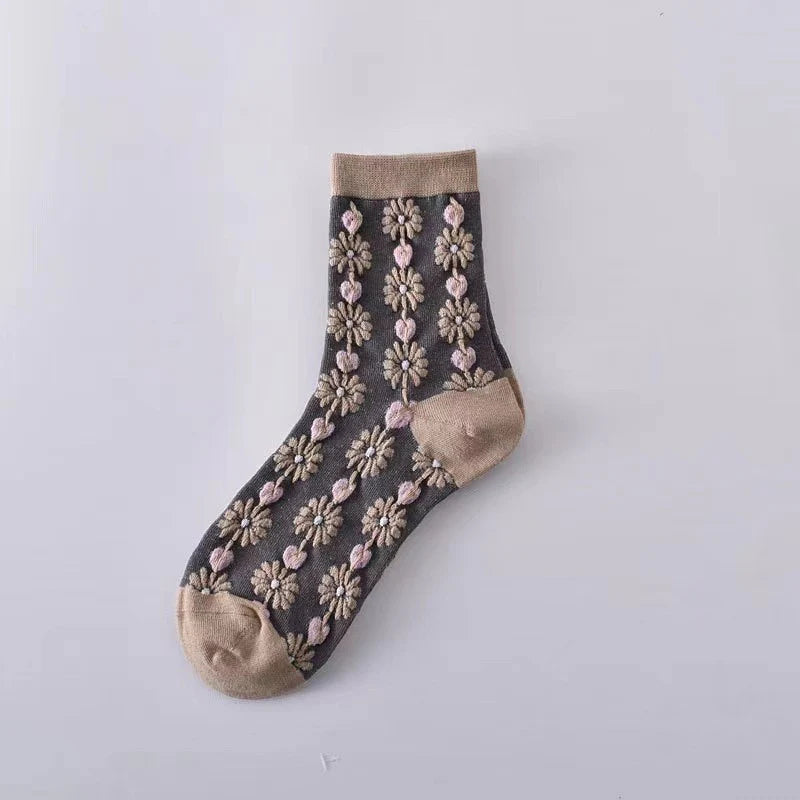 3D embroidered socks, floral textured socks women, boutique statement socks, cute girly socks with flowers, textured knit socks women, fashion socks for sneakers, playful embroidered socks, cozy floral socks, boutique women’s accessories, unique embroidered sock designs