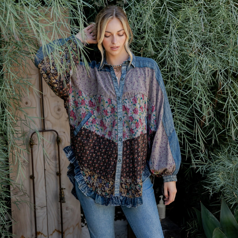 YOUNG THREADS,patchwork denim floral blouse Expressions Boutique NY, boho denim top women, floral mixed print button-down, boutique bohemian shirt, vintage-inspired denim patch blouse