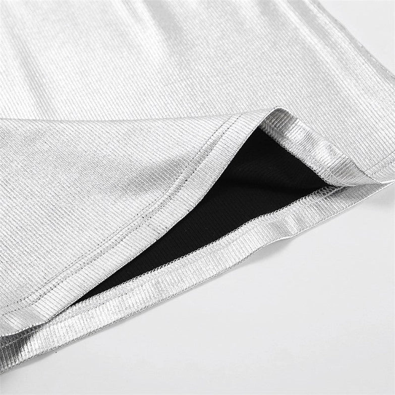 silver ribbed tank top Expressions Boutique NY, metallic knit camisole women, minimalist silver top, boutique sleeveless top metallic sheen, fitted rib knit cami