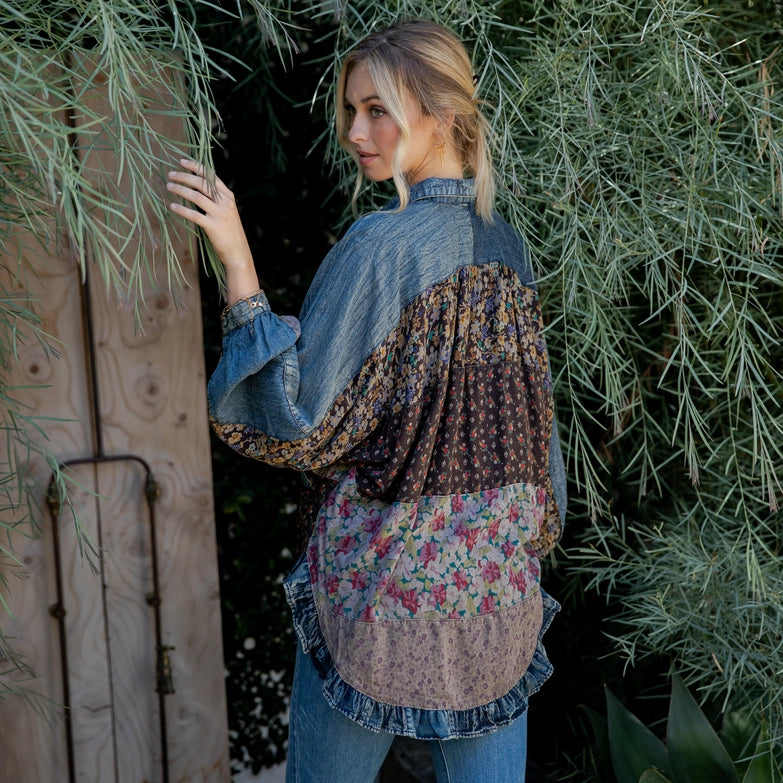 YOUNG THREADS,patchwork denim floral blouse Expressions Boutique NY, boho denim top women, floral mixed print button-down, boutique bohemian shirt, vintage-inspired denim patch blouse