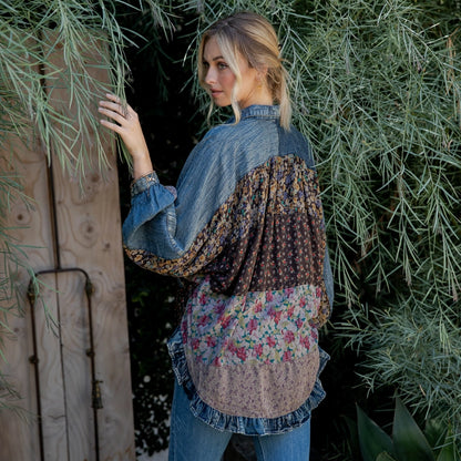 YOUNG THREADS,patchwork denim floral blouse Expressions Boutique NY, boho denim top women, floral mixed print button-down, boutique bohemian shirt, vintage-inspired denim patch blouse