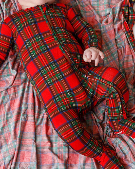 plaid baby footie pajamas, red plaid holiday footy, Christmas baby sleeper zippered, toddler holiday pajamas footed, December plaid zip pajama, festive baby footy sleepwear, boutique holiday kids pajamas, plaid Christmas morning outfit, newborn holiday sleepwear, unisex plaid footy pajamas