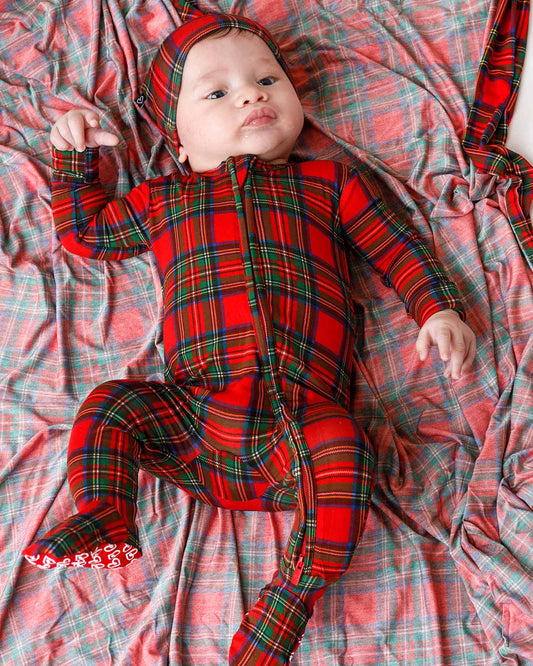 plaid baby footie pajamas, red plaid holiday footy, Christmas baby sleeper zippered, toddler holiday pajamas footed, December plaid zip pajama, festive baby footy sleepwear, boutique holiday kids pajamas, plaid Christmas morning outfit, newborn holiday sleepwear, unisex plaid footy pajamas