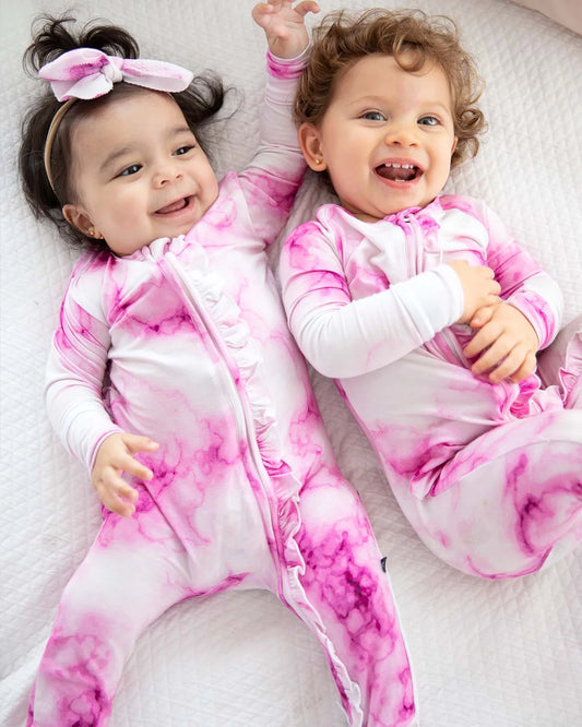 baby girl pink tie dye footie, ruffle zippered baby sleeper, boutique marble print baby pajamas, infant pink ruffle onesie, toddler tie dye zip footie, cozy girl baby outfit boutique