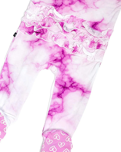 baby girl pink tie dye footie, ruffle zippered baby sleeper, boutique marble print baby pajamas, infant pink ruffle onesie, toddler tie dye zip footie, cozy girl baby outfit boutique