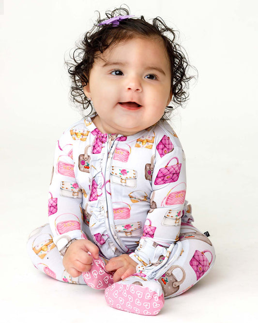 boutique baby bamboo footie Expressions Boutique NY, castle print ruffled zip baby sleeper, lavender floral baby onesie, soft bamboo footed pajamas, baby girl zippered sleeper breathable fabric