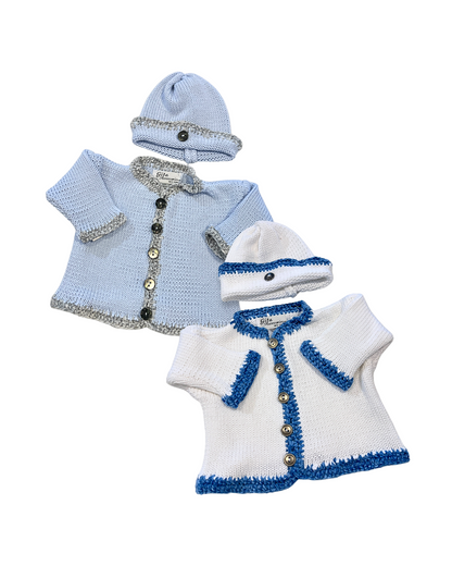 baby cotton sweater set, boutique baby knitwear, baby shower gift outfit, baby boy sweater and hat set, newborn cotton sweater outfit, boutique baby clothing Expressions Boutique NY, infant knit cardigan set, baby cotton knit with chenille trim, newborn coming home outfit boys, soft breathable baby sweater set