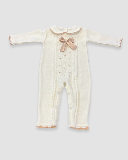 Knit Romper w Bow and Trim Detail