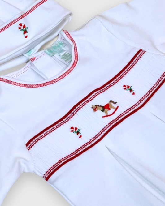 Christmas baby footie Expressions Boutique NY, white and red holiday outfit, embroidered rocking horse footie, baby Christmas sleepwear Woodbury NY, boutique baby outfit Long Island, festive newborn Christmas set