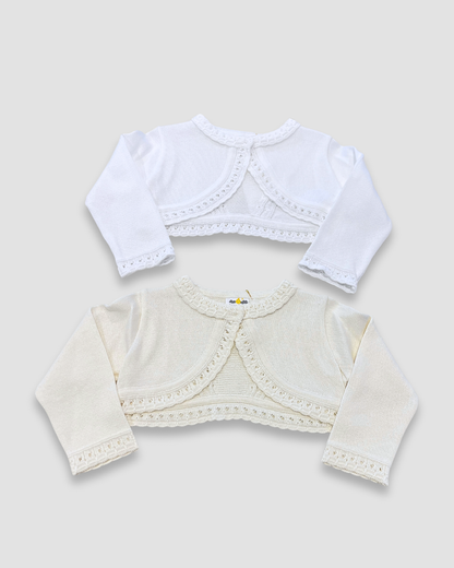girls knit bolero sweater Expressions Boutique NY, ivory communion cardigan, white crochet trim shrug, elegant baby bolero sweater, boutique special occasion cover-up