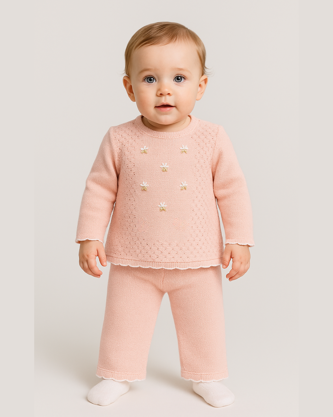 boutique baby knit outfit Expressions Boutique NY, pink embroidered baby sweater set, soft cotton knit baby clothes, floral baby girl outfit delicate trim, heirloom knit two piece baby set breathable cotton