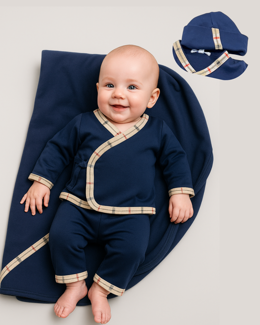 boutique baby boy navy set Expressions Boutique NY, plaid trim newborn outfit, 3 piece cotton baby gift set, navy and beige baby clothing, classic baby take home outfit