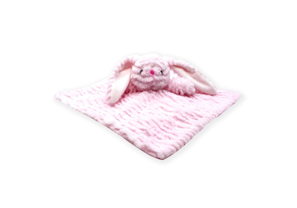 pink bunny security blanket, plush baby lovey girl, baby snuggle blankie, newborn bunny comforter, soft plush bunny blanket, pink infant lovey toy, boutique baby shower gift, bunny blankie comfort toy, baby girl security blankie, plush cuddle bunny gift